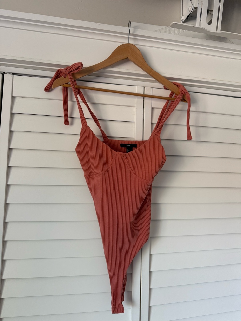 Forever 21 Ribbed Tie-Shoulder Bodysuit in Dusty Coral